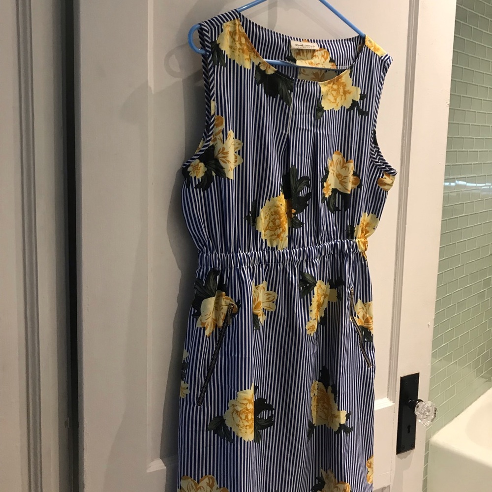 Blue pinstripe and yellow floral dress